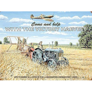 Come and help with the victory harvest. WLA Office. Spitfire flying over women harvesting field.